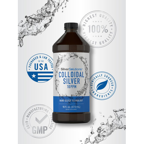 View 5 SilverSolutions Colloidal Silver 10 PPM liquid in a 16 fl. oz. (473 mL) bottle. Dietary supplement.