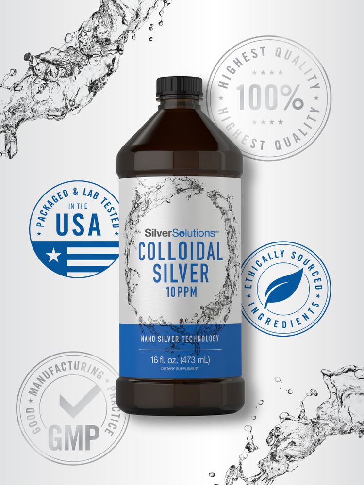 SilverSolutions Colloidal Silver 10 PPM liquid in a 16 fl. oz. (473 mL) bottle. Dietary supplement.
