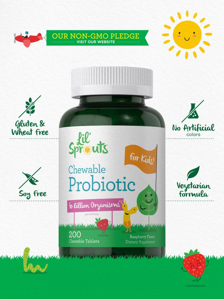 Child Probiotic bottle: Gluten, wheat, and soy free; no artificial colors; vegetarian formula; allergen-friendly.
