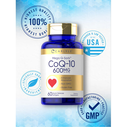View 5 Carlyle CoQ-10 600MG Quick Release Softgels, 60 count, shown next to a hand for scale in a bulk container.