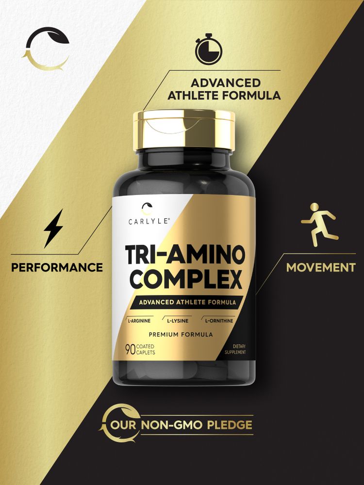 Carlyle Tri-Amino Complex includes L-Arginine, L-Lysine, and L-Ornithine in 90 coated caplets, shown with hand for scale.