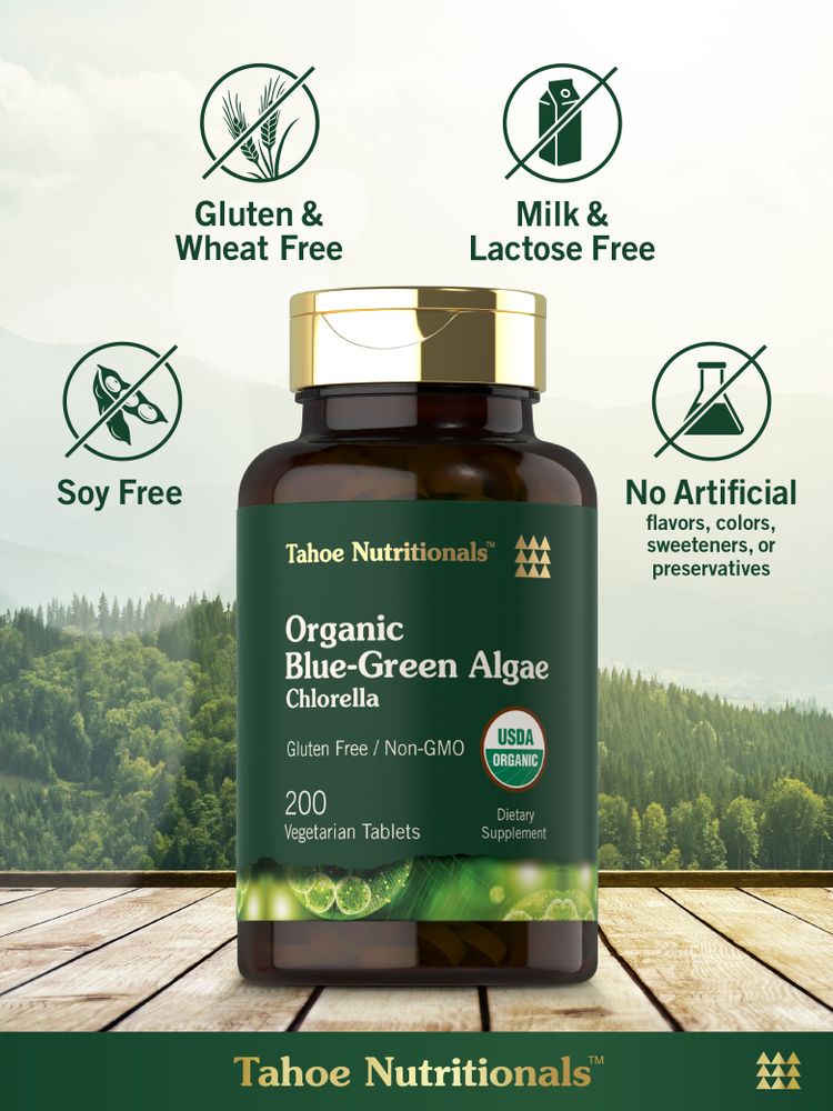 Tahoe Nutritionals Organic Blue-Green Algae Chlorella, 200 vegetarian tablets on hand scale.