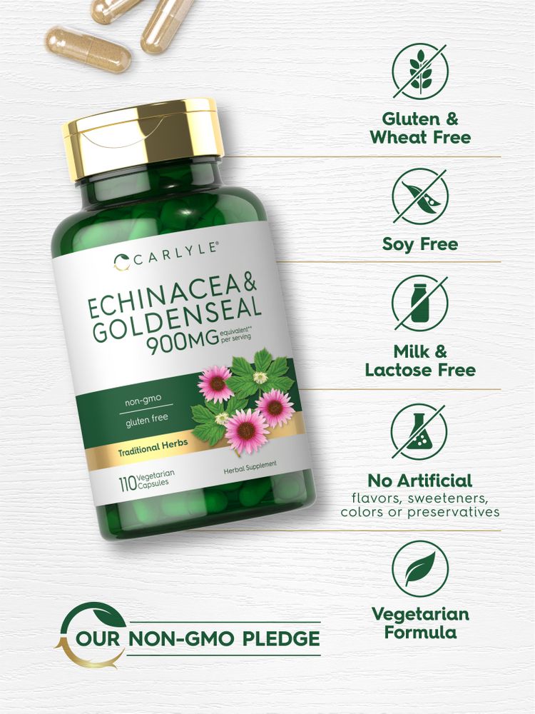 Echinacea & Goldenseal bottle: Gluten & Wheat Free, Soy Free, Milk & Lactose Free, No Artificial Flavors/Sweeteners/Colors/Preservatives, Vegetarian Formula, Non-GMO.