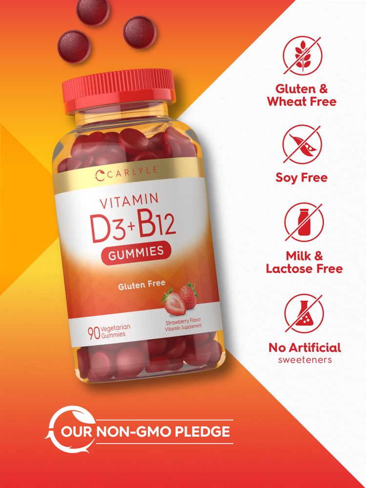 90 red Strawberry Flavor Vitamin D3+B12 vegetarian gummies from a Carlyle bottle, with three gummies floating above.