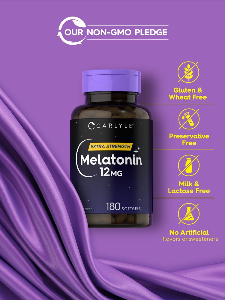 Carlyle Melatonin 12mg bottle held in hand, showing 180 softgels for support in sleep and relaxation supplements.