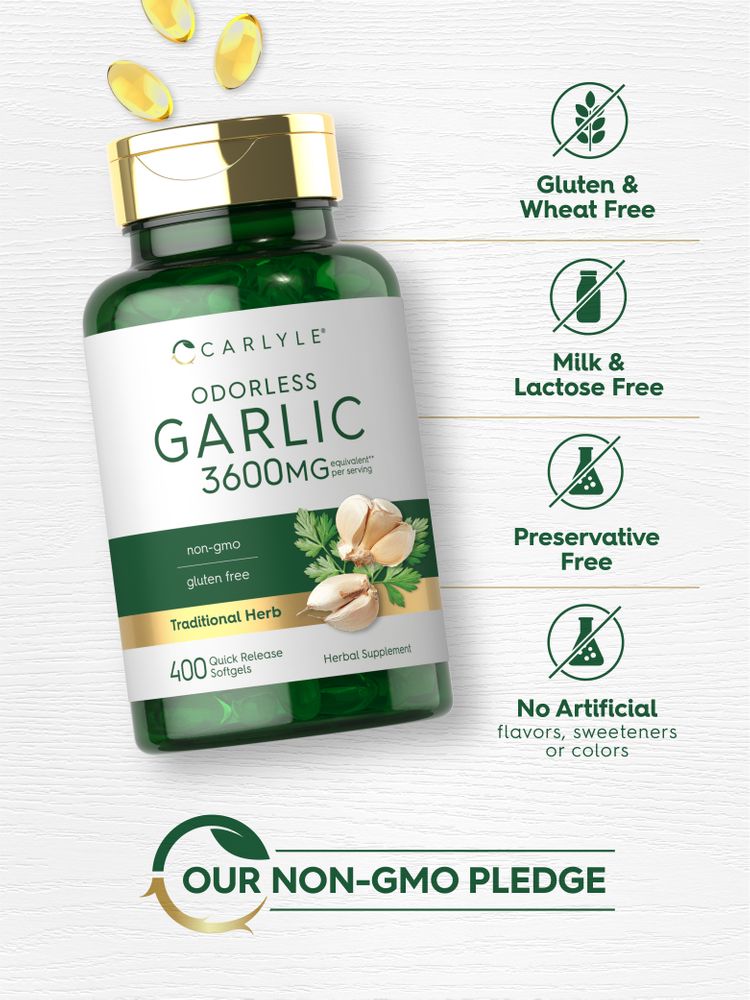 Carlyle Odorless Garlic 3600MG, 400 quick-release softgels. Golden softgels spilling from bottle.