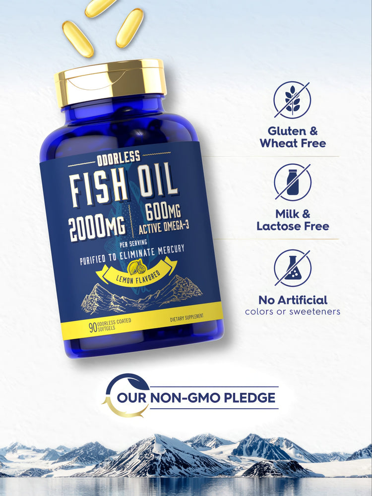A handful of 2000mg Fish Oil softgels, each containing 600mg of Active Omega-3.