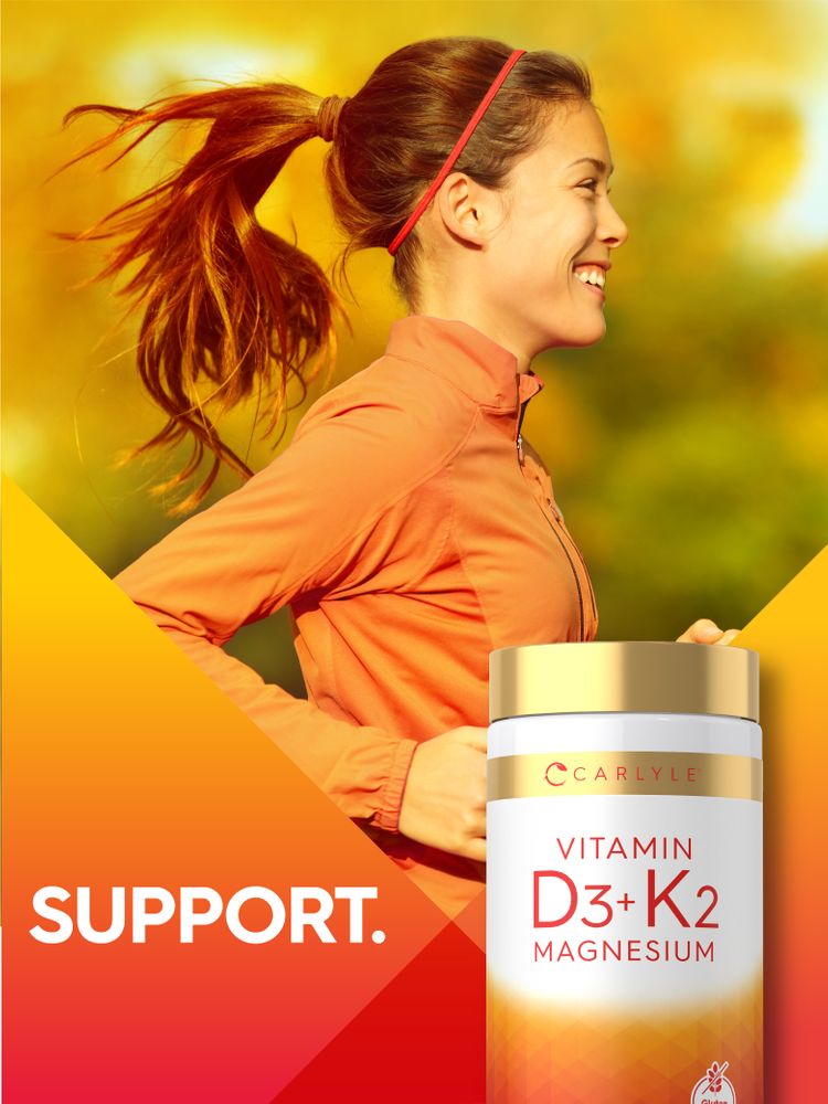 Carlyle Vitamin D3 + K2 + Magnesium bottle with a woman running outdoors and the word 'SUPPORT.' displayed.