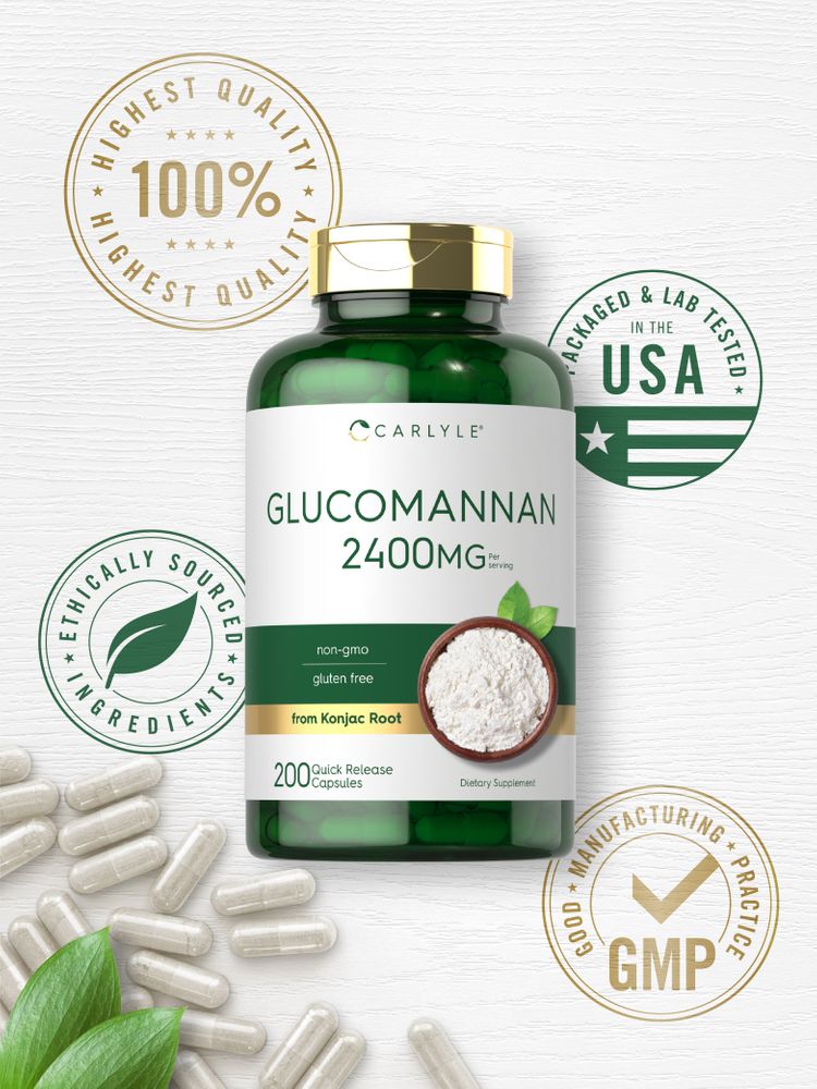 Carlyle Glucomannan 2400mg, 200 Quick Release Capsules bottle with loose capsules on a white surface.