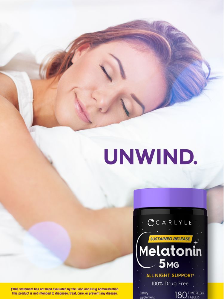 Young woman sleeps peacefully in bed beside a bottle of Carlyle Melatonin 5mg.