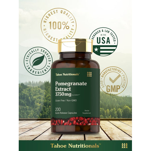 View 6 Tahoe Nutritionals Pomegranate Extract 3750mg, 200 Quick Release Capsules in a brown bottle on a hand scale.