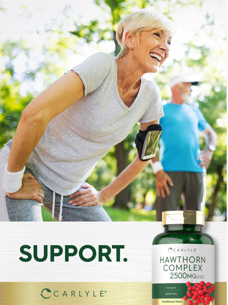 Older woman and man smiling, exercising outdoors beside a bottle of Carlyle Hawthorn Complex with the word 'SUPPORT' visible.