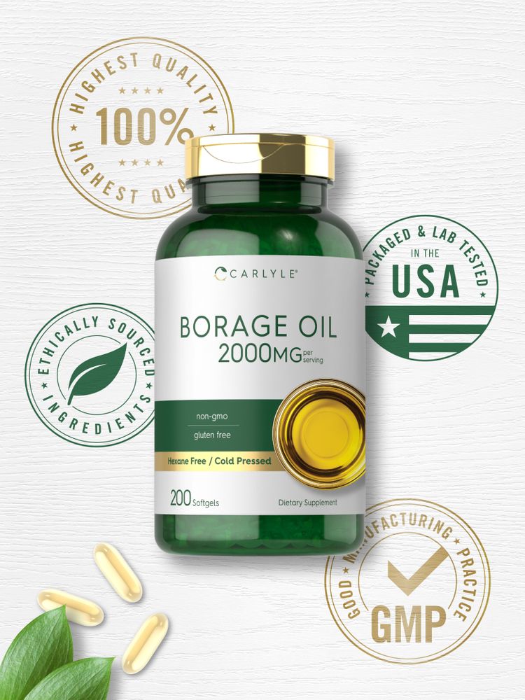 Light yellow Borage Oil 2000mg softgels scattered with green leaves nearby.