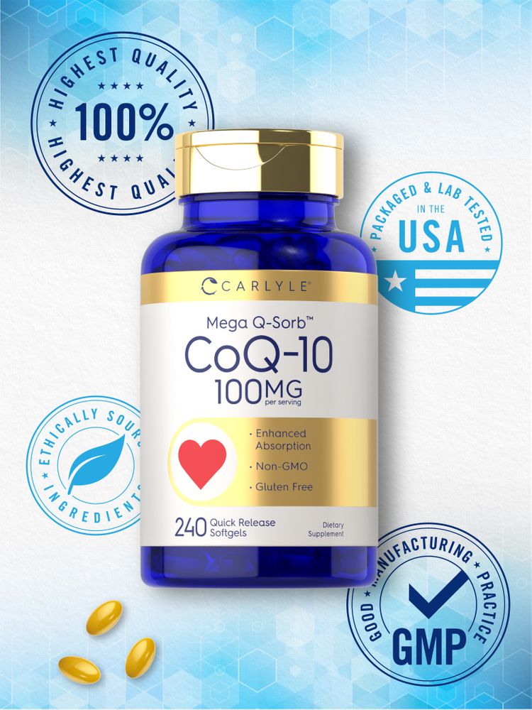Three yellow CoQ-10 softgels, 100 mg each, resting on a hand scale, showcasing supplement size and color.