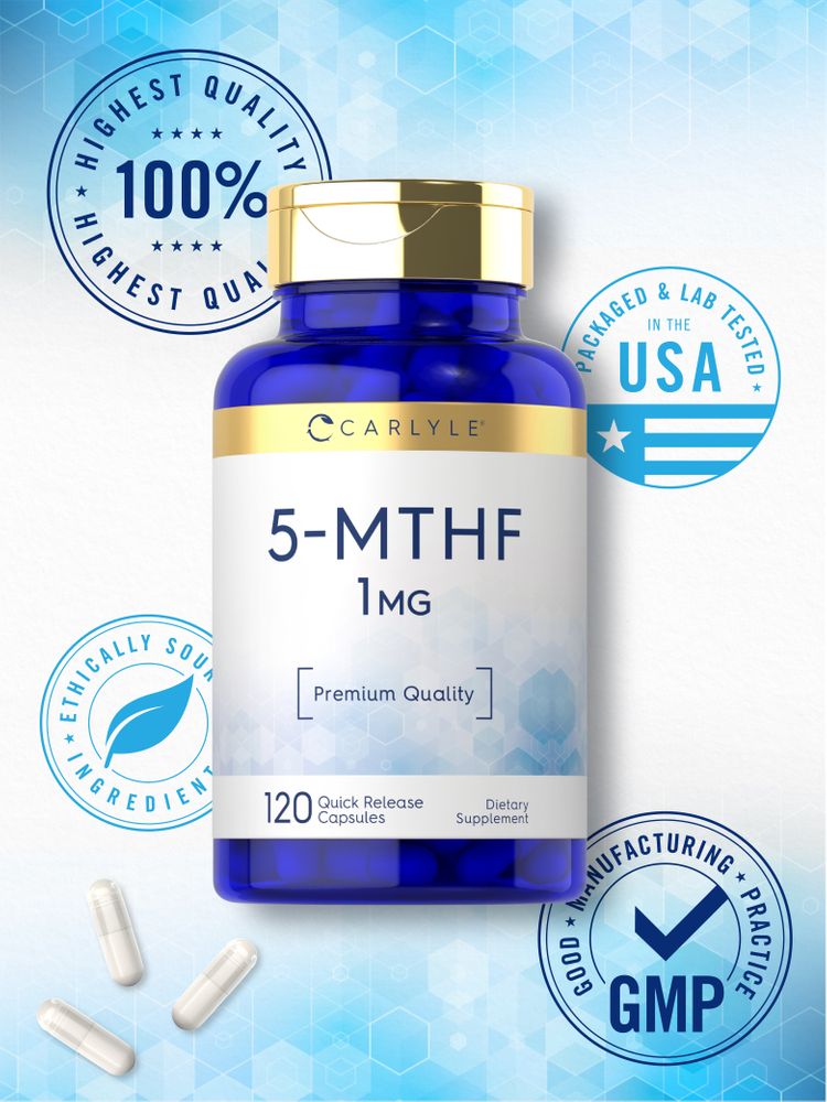 Three white Carlyle 5-MTHF 1 mg Quick Release Capsules displayed on a hand for size reference.