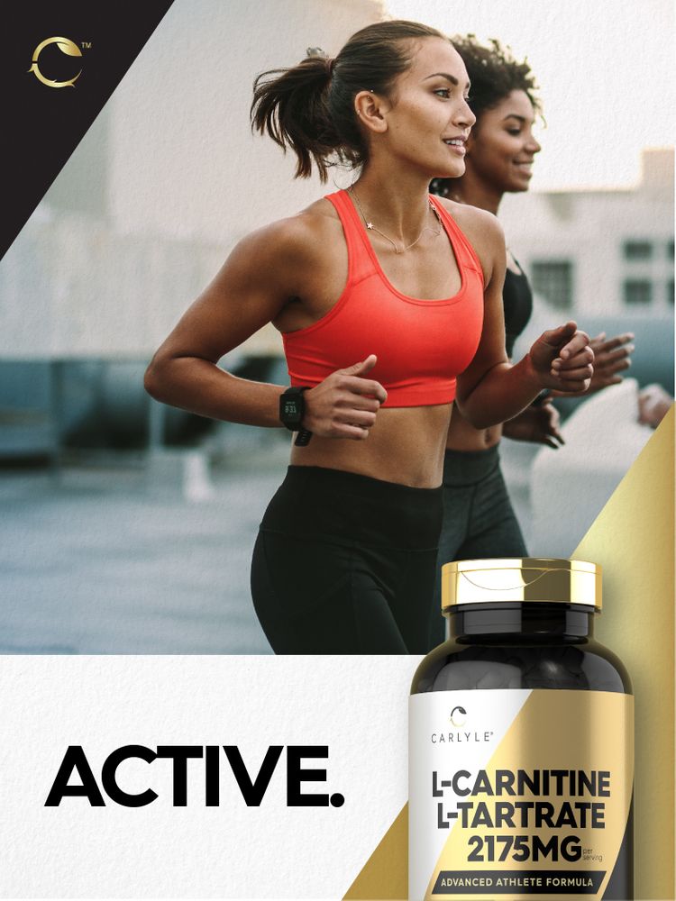 Two young women jogging outdoors with a bottle of Carlyle L-Carnitine L-Tartrate 2175mg displayed prominently in the foreground.