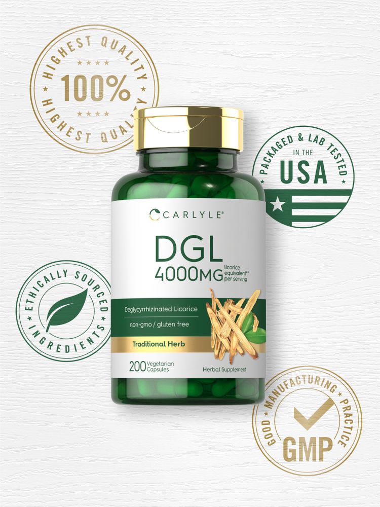 DGL 4000 mg, 200 vegetarian capsules in a bulk hand scale design, highlighting the quantity and form for easy understanding.