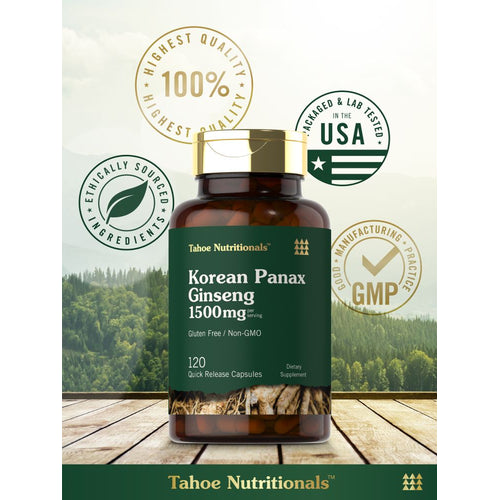View 6 Hand holding 120 Korean Panax Ginseng 1500mg quick release capsules on a scale.