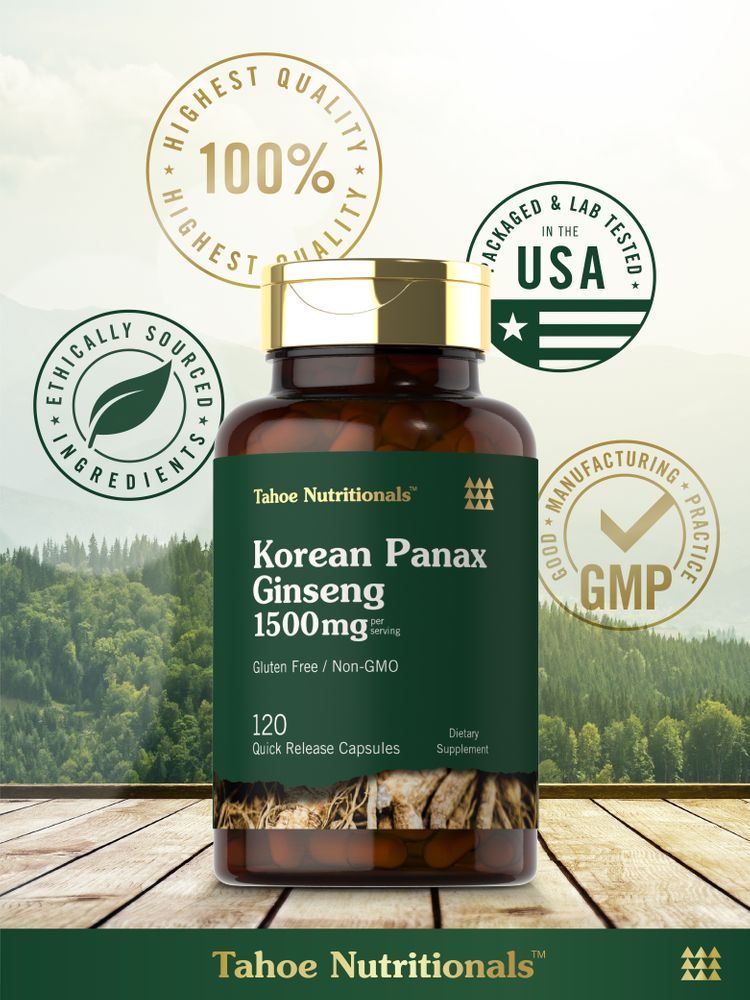 Hand holding 120 Korean Panax Ginseng 1500mg quick release capsules on a scale.