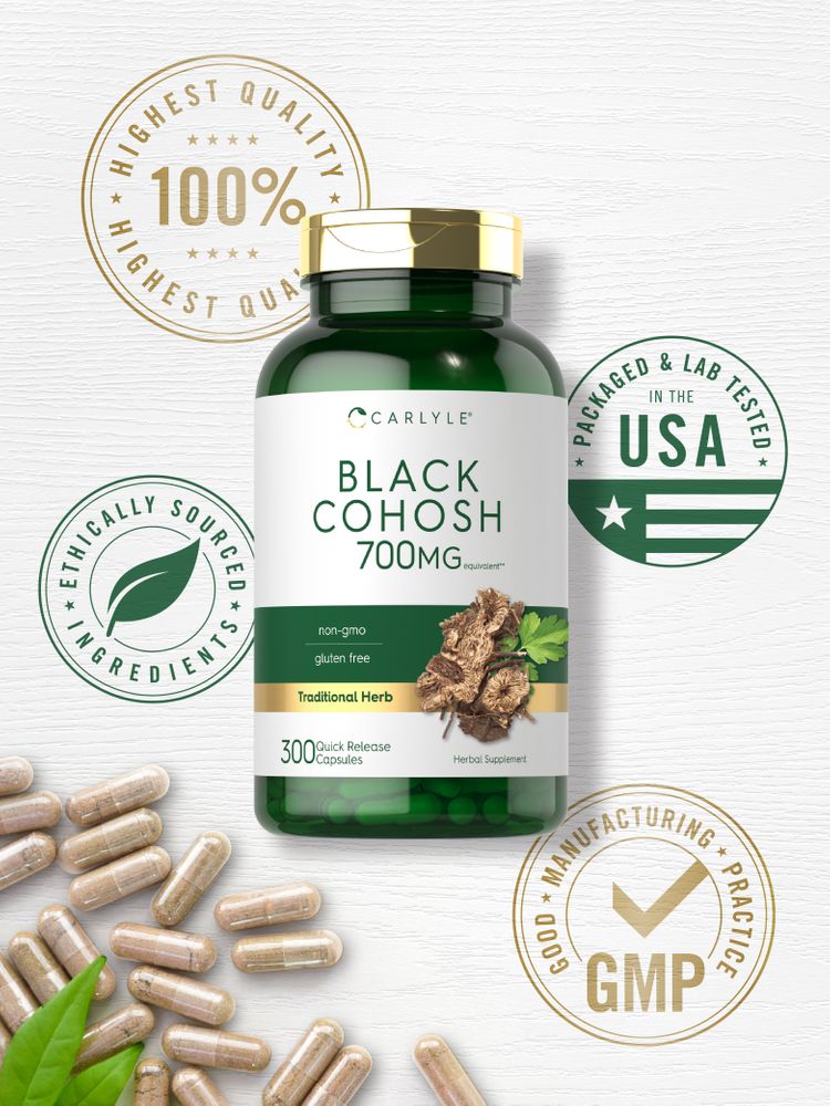 A hand displaying Carlyle Black Cohosh 700 mg, 300 quick-release capsules, showcasing the bottle and pill size for scale.