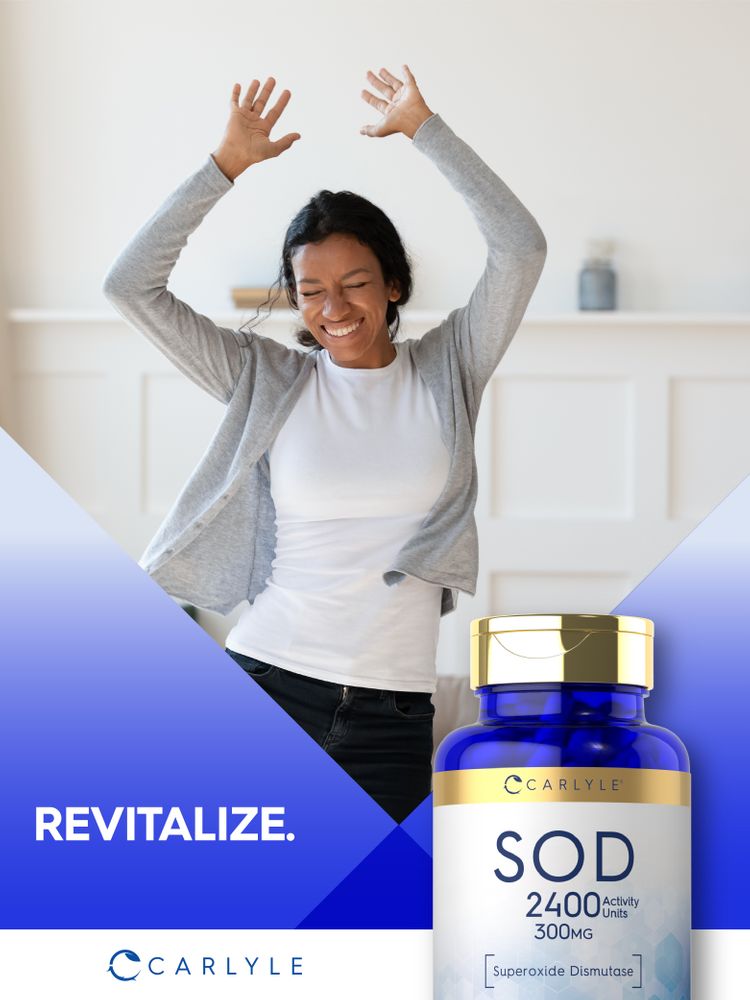 A joyful adult woman dances with arms raised and smiles beside a bottle of SOD.