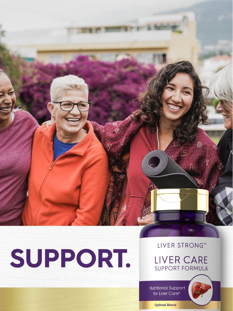Diverse women smiling, one holding a yoga mat, next to a bottle of Liver Strong Liver Care Support Formula.