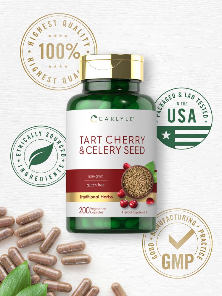 Carlyle Tart Cherry & Celery Seed capsules bottle surrounded by loose brown vegetarian capsules.