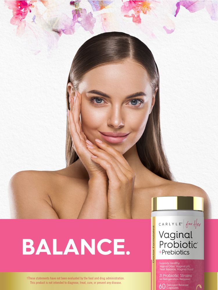 CARLYLE for Her Vaginal Probiotic + Prebiotics bottle, 60 Delayed Release Capsules, next to a smiling woman.