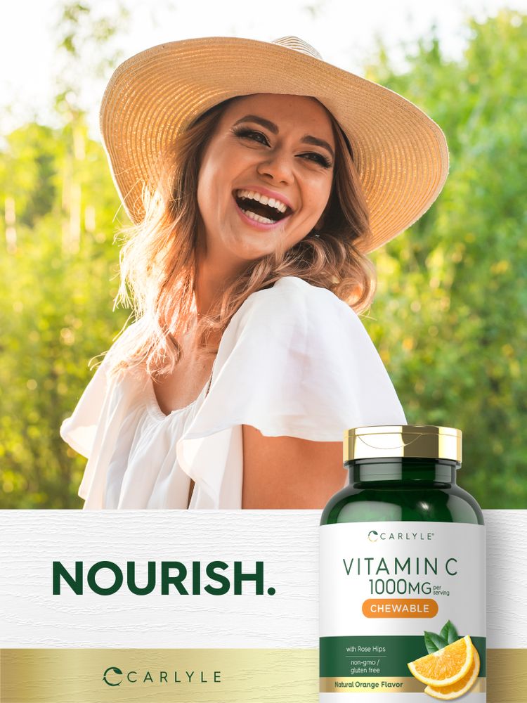 A young woman laughs outdoors beside a Carlyle Vitamin C Chewable bottle, enjoying her day.