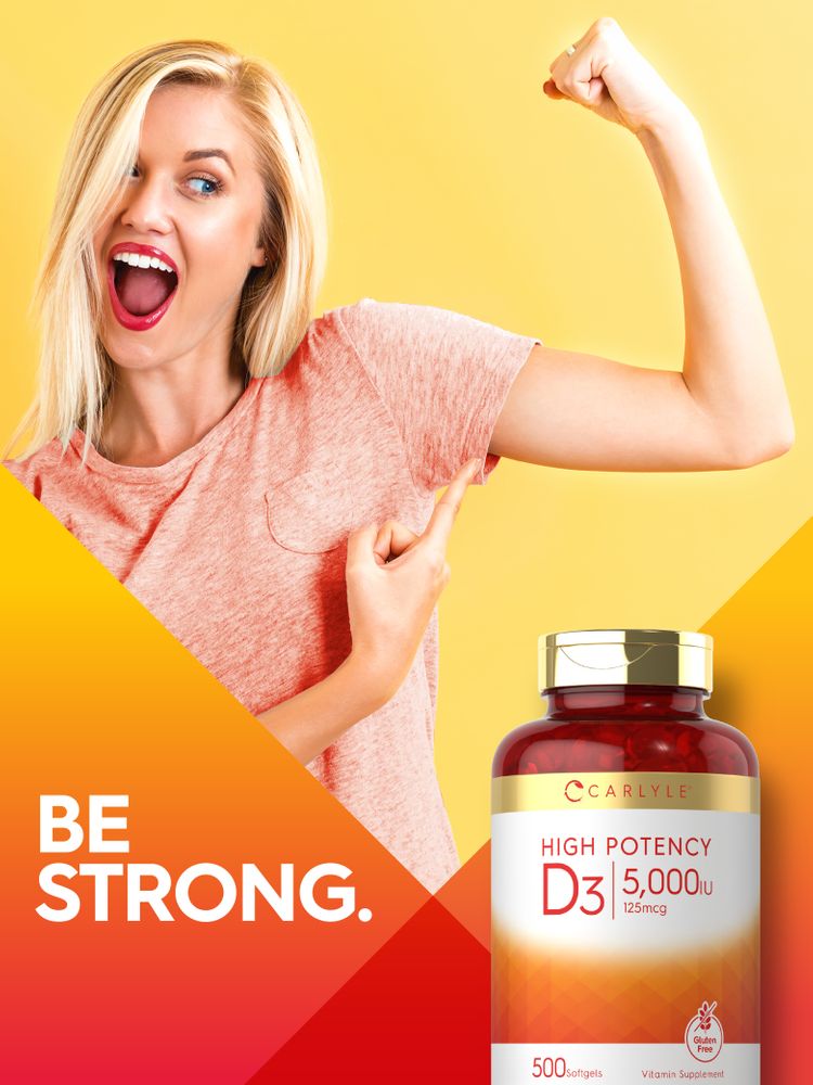 A young blonde woman is flexing her bicep and pointing, excited, with 'BE STRONG.' text beside a bottle of D3 softgels.