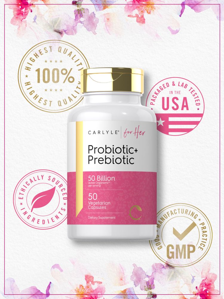 Carlyle for Her Probiotic+ Prebiotic with 50 billion active organisms, in 50 vegetarian capsules.