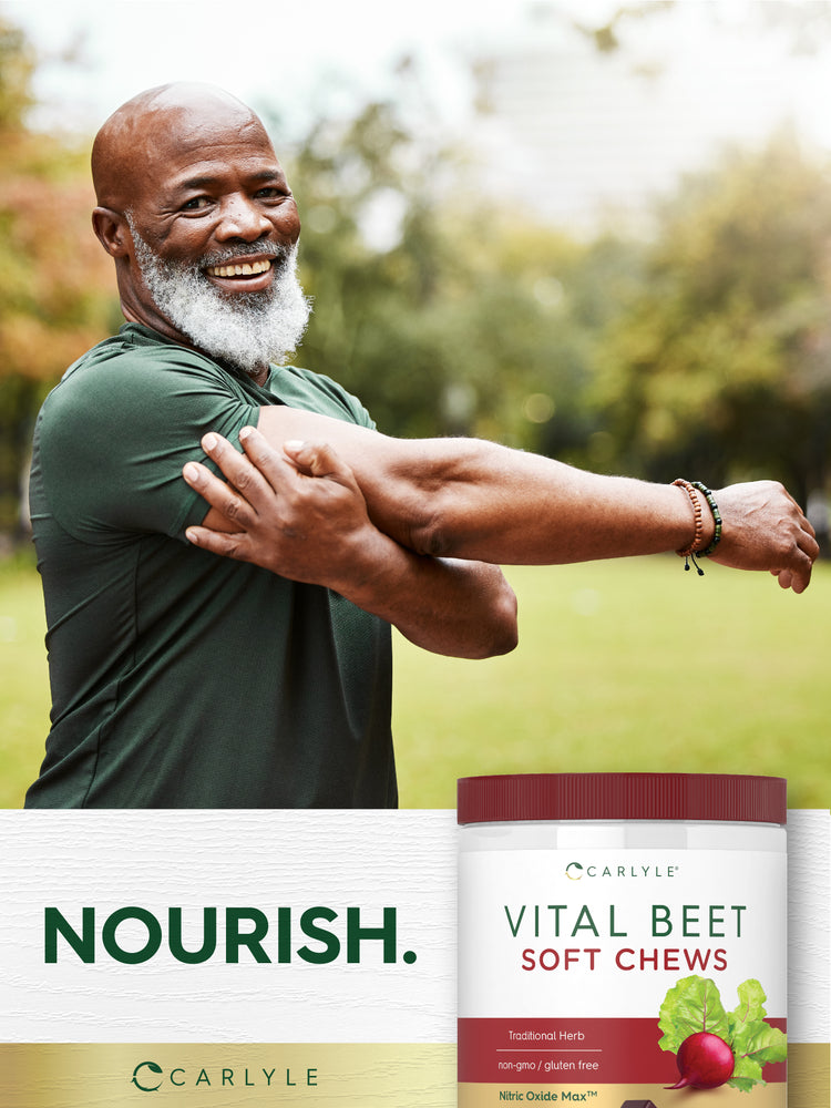 Older Black man stretching outdoors with Carlyle Vital Beet Soft Chews jar.