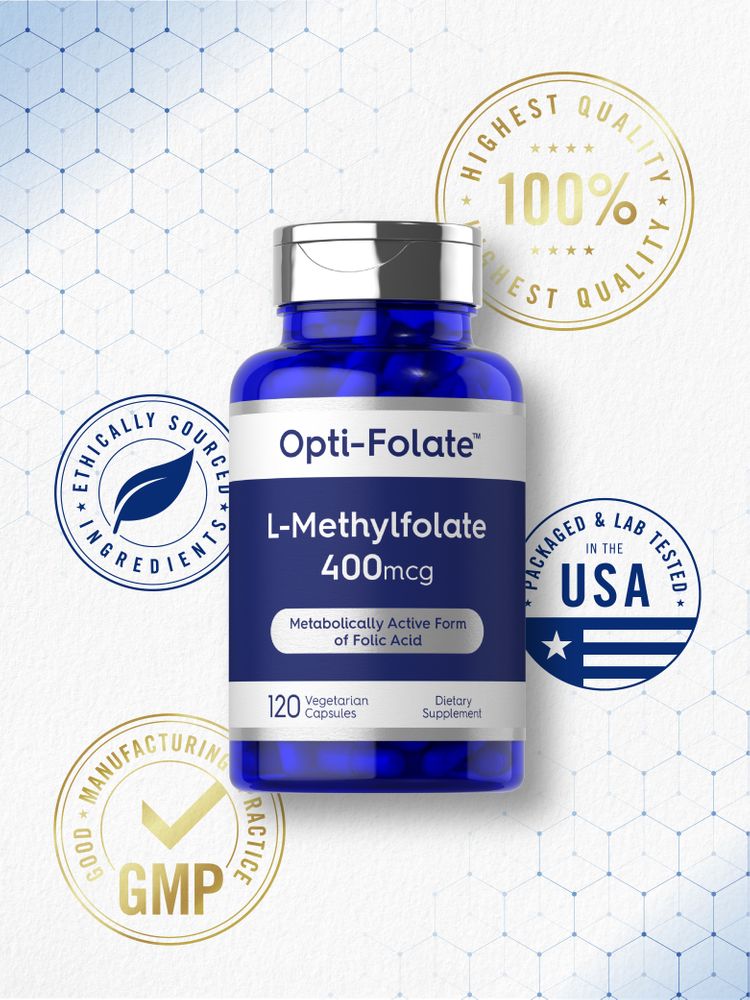 Opti-Folate L-Methylfolate 400mcg, 120 vegetarian capsules, shown in hand for scale.
