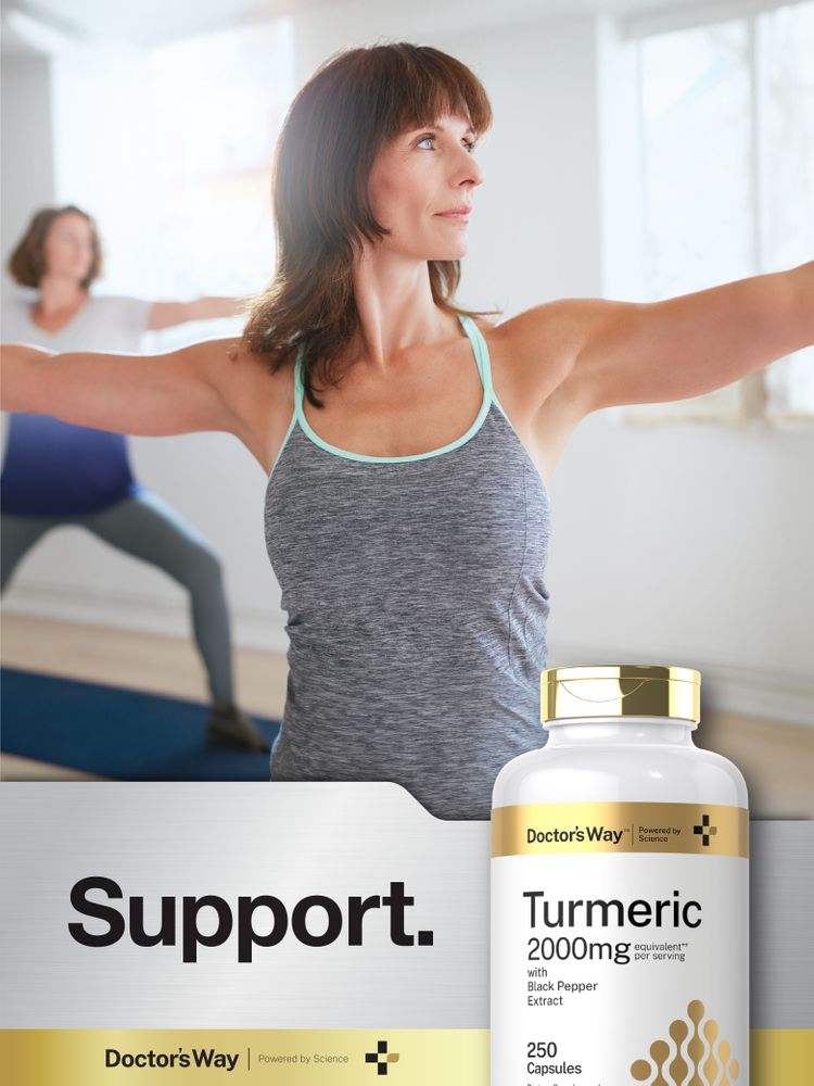 Middle-aged woman practicing yoga beside a bottle of Doctors Way Turmeric.