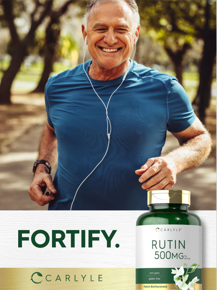 Green Carlyle Rutin 500 mg supplement bottle with labels indicating non-GMO and gluten free features.