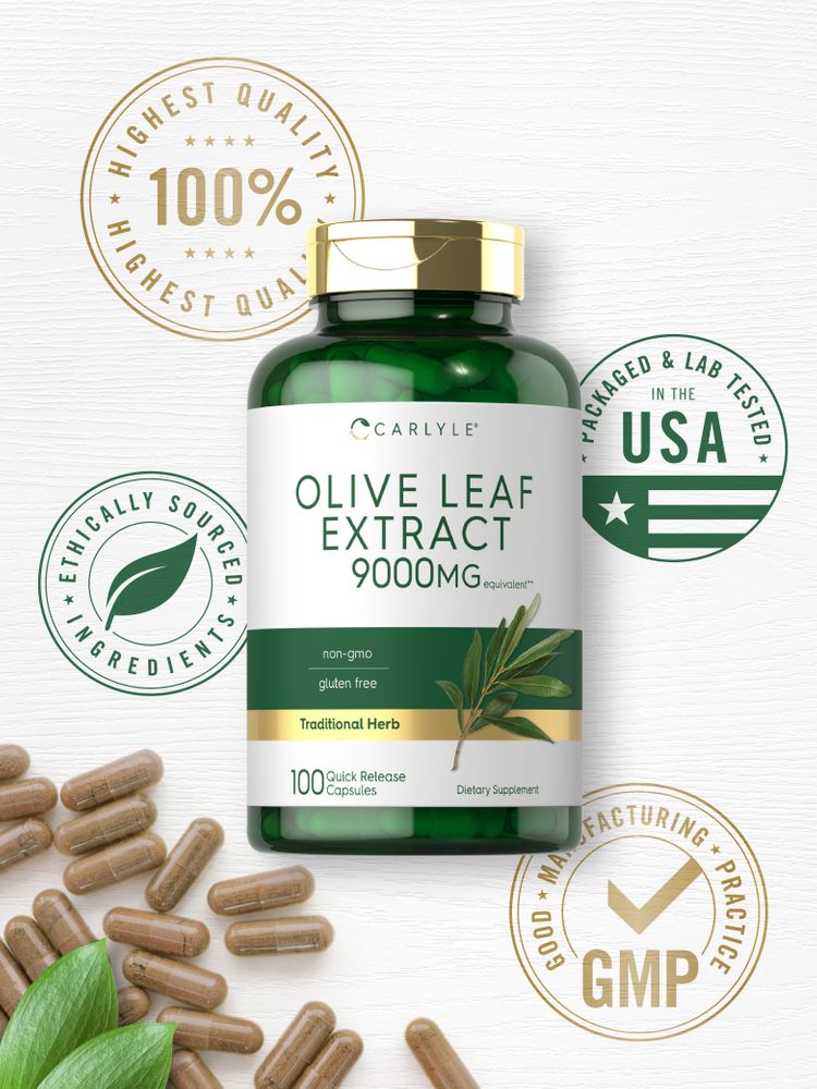 Capsules of Brown Olive Leaf Extract 9000mg Equivalent are spilled alongside green leaves.