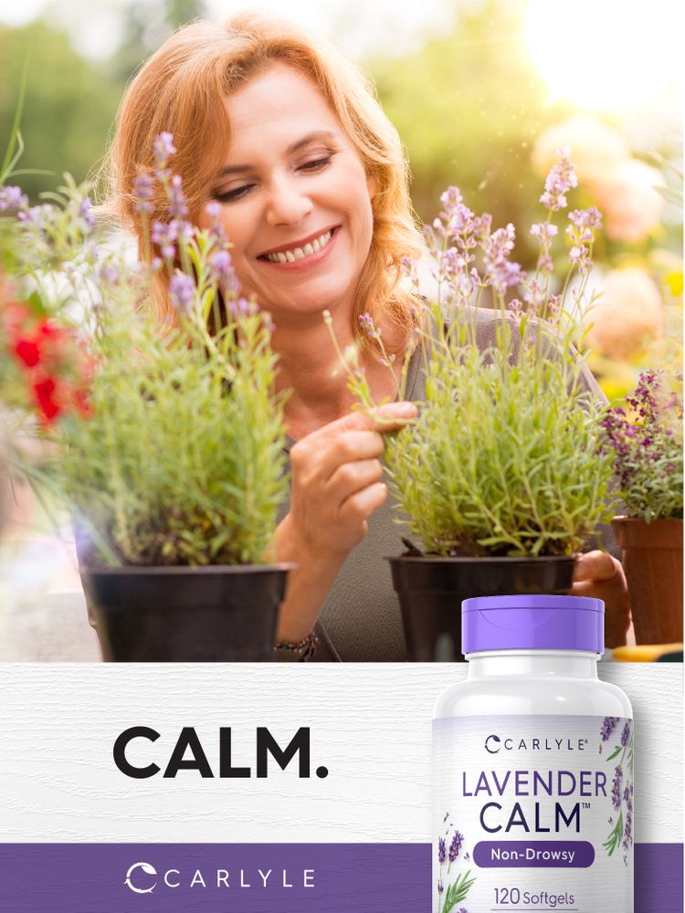 A middle-aged woman gardening with lavender plants and a bottle of Carlyle Lavender Calm visible.