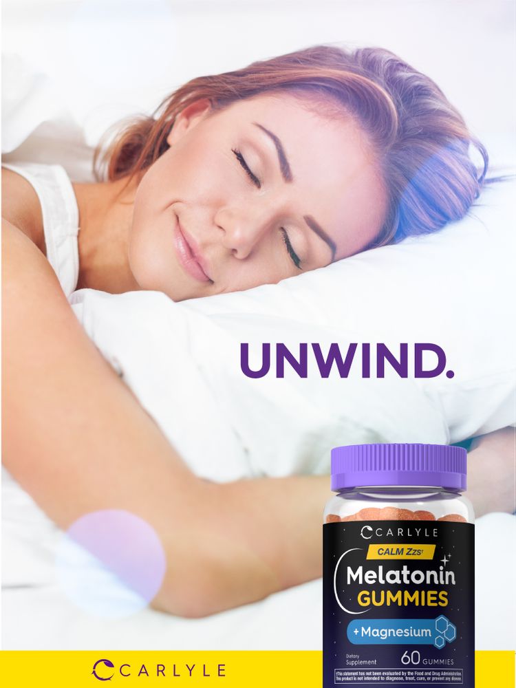 Adult woman sleeping peacefully in bed next to a bottle of Carlyle Melatonin Gummies.