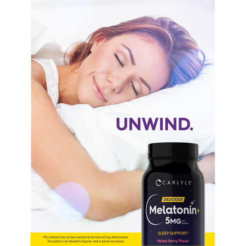 View 6 Young woman sleeping peacefully in bed with a bottle of Carlyle Melatonin 5mg Gummies beside her.