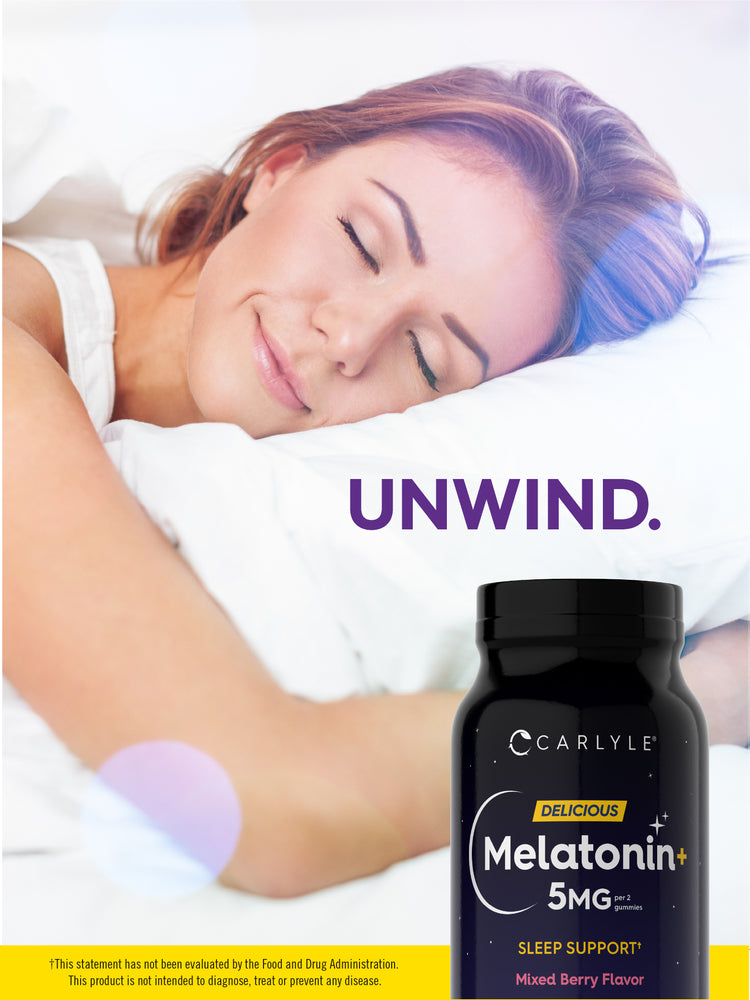 Young woman sleeping peacefully in bed with a bottle of Carlyle Melatonin 5mg Gummies beside her.