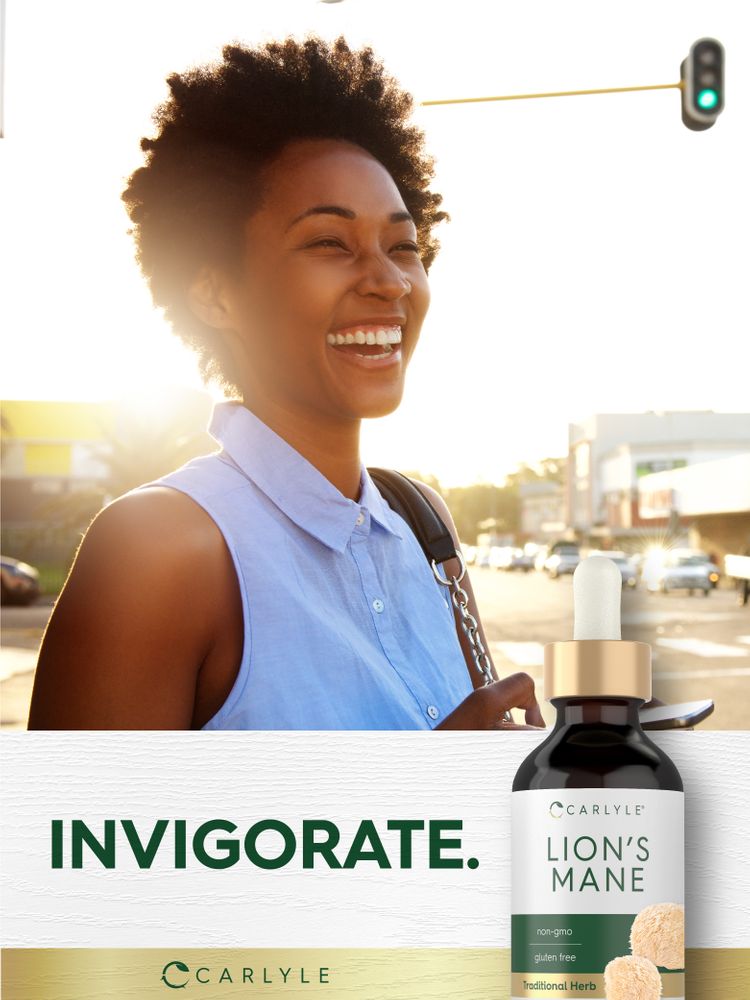 Carlyle Lion's Mane Mushroom Liquid 2 fl oz bottle with a dropper. Graphic text: INVIGORATE and hand scale.