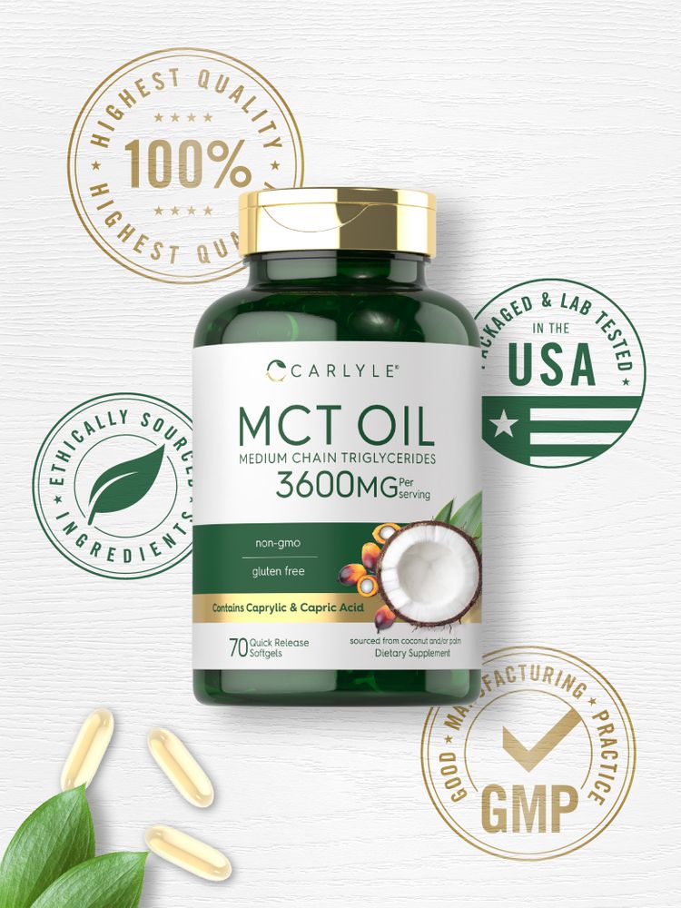 Carlyle MCT Oil 3600MG Quick Release Softgels, 70 count, displayed with three additional loose softgels for scale.