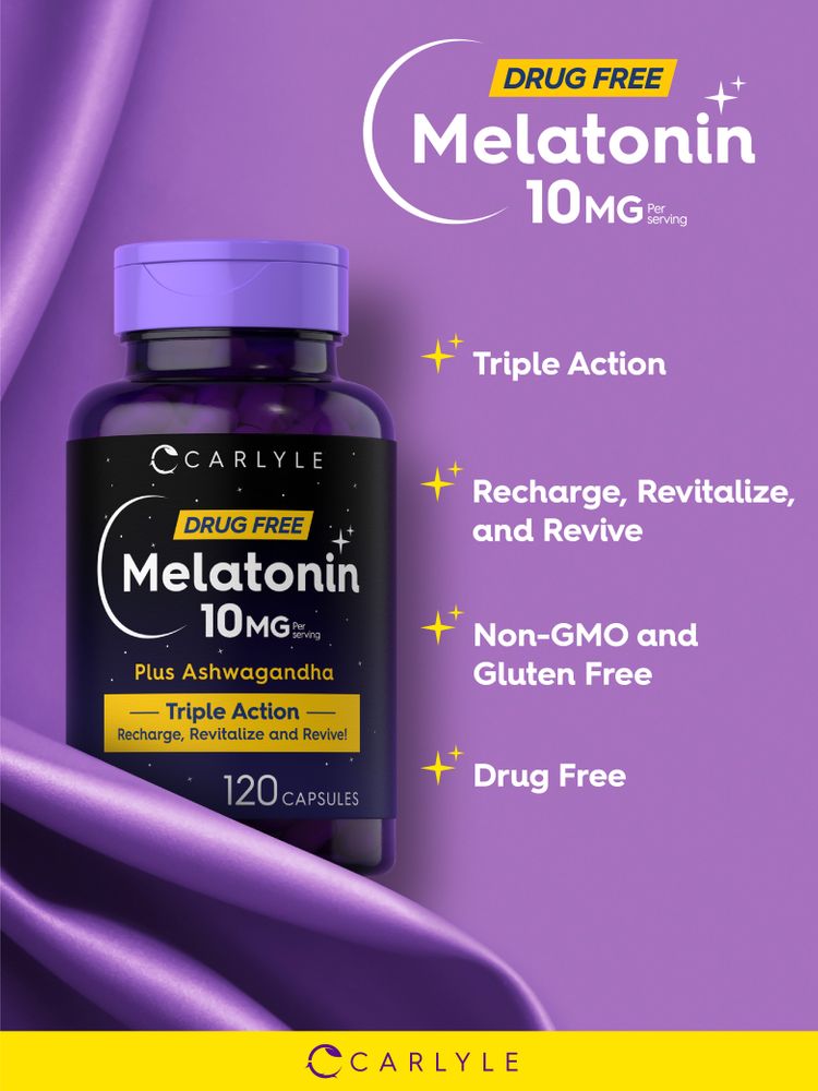 Hand holding a bottle of Carlyle Melatonin 10 mg with Ashwagandha, containing 120 capsules.