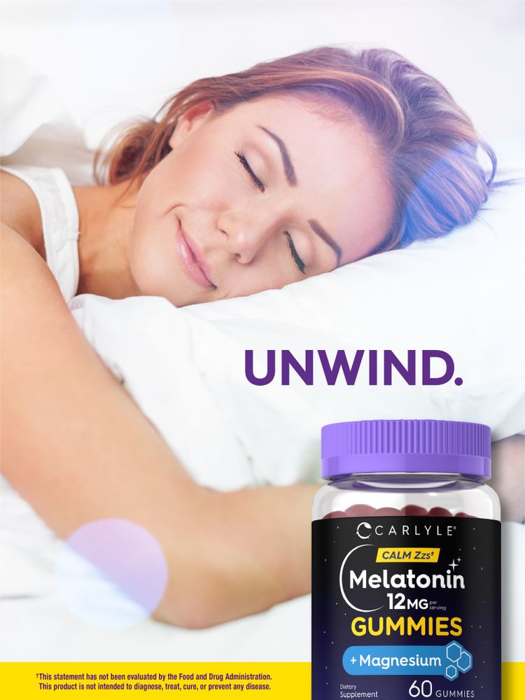 A young woman sleeps peacefully next to a bottle of Melatonin 12mg Gummies.