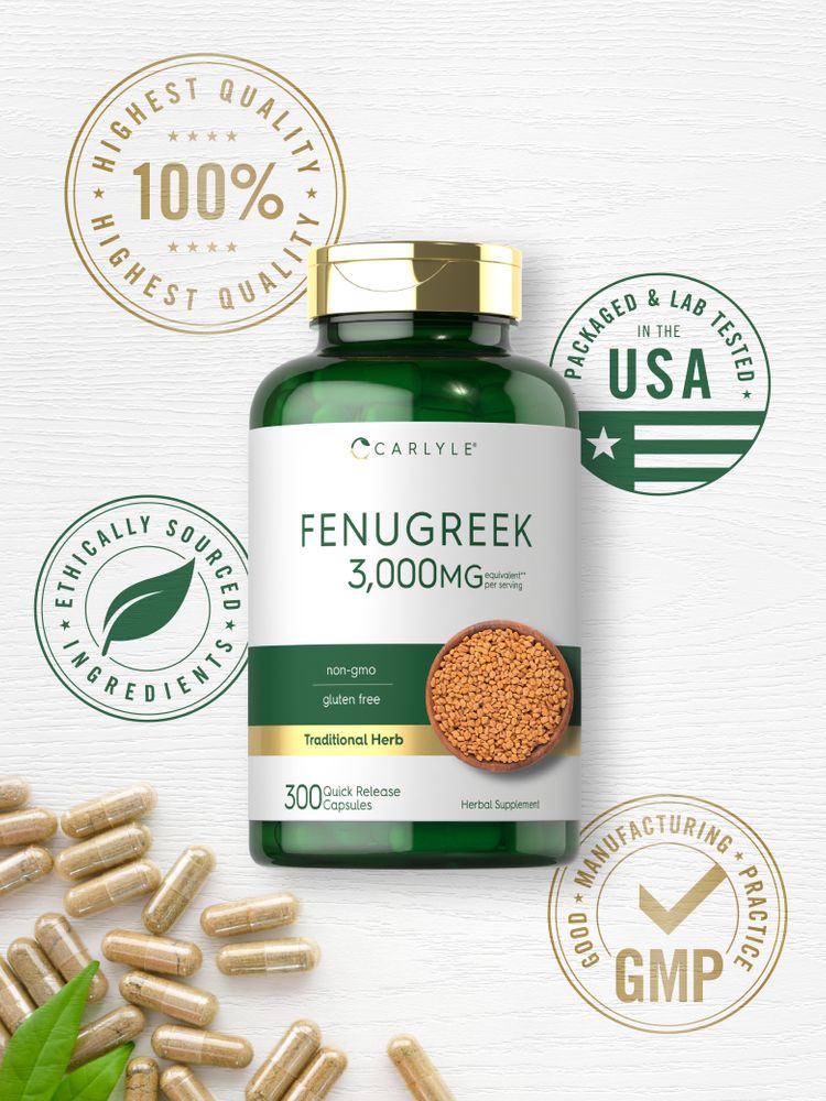 Fenugreek 3000mg, 300 quick-release capsules scattered on a surface.