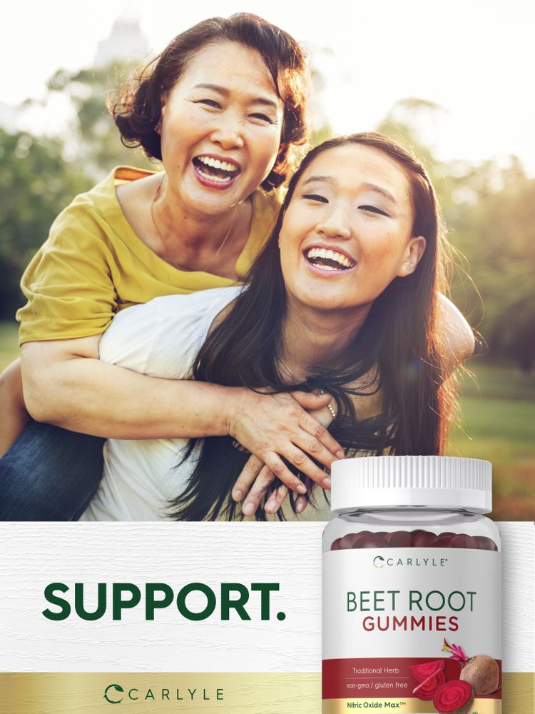 Bottle of Carlyle Beet Root Gummies with 60 red gummies inside.