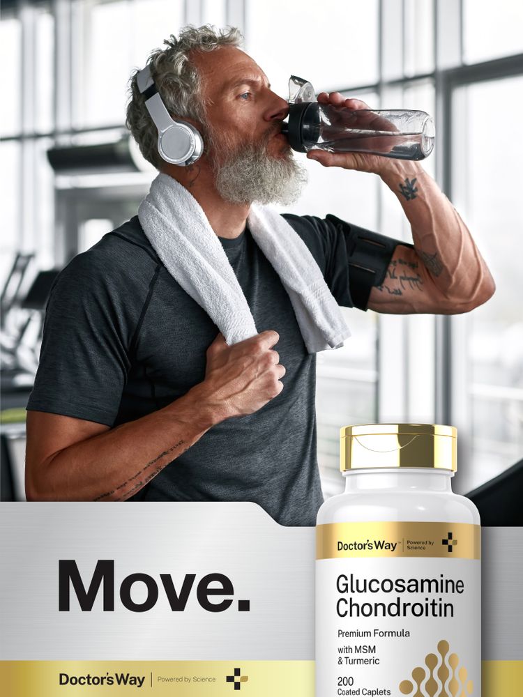An adult male exercises while holding a Doctor's Way Glucosamine Chondroitin supplement bottle.