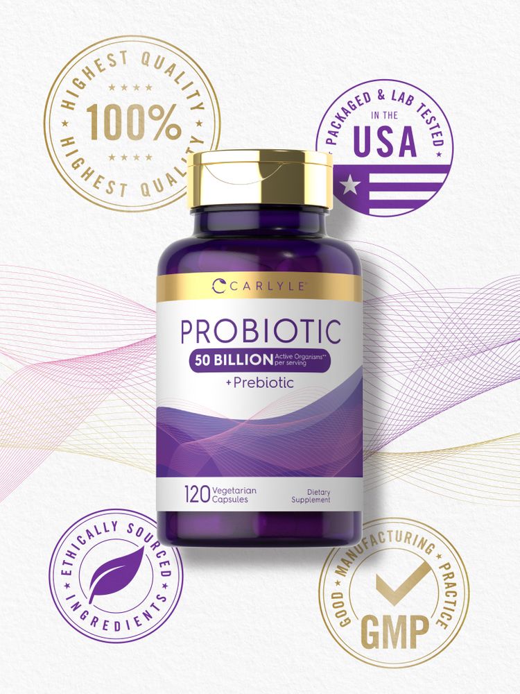 Carlyle Probiotic 50 Billion + Prebiotic comes in 120 vegetarian capsules.