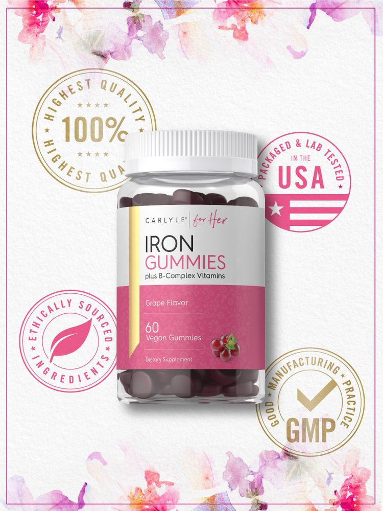 Carlyle Iron Gummies, Grape Flavor, 60 Vegan Gummies. HIGHEST QUALITY 100%, PACKAGED & LAB TESTED USA, ETHICALLY SOURCED, GMP.