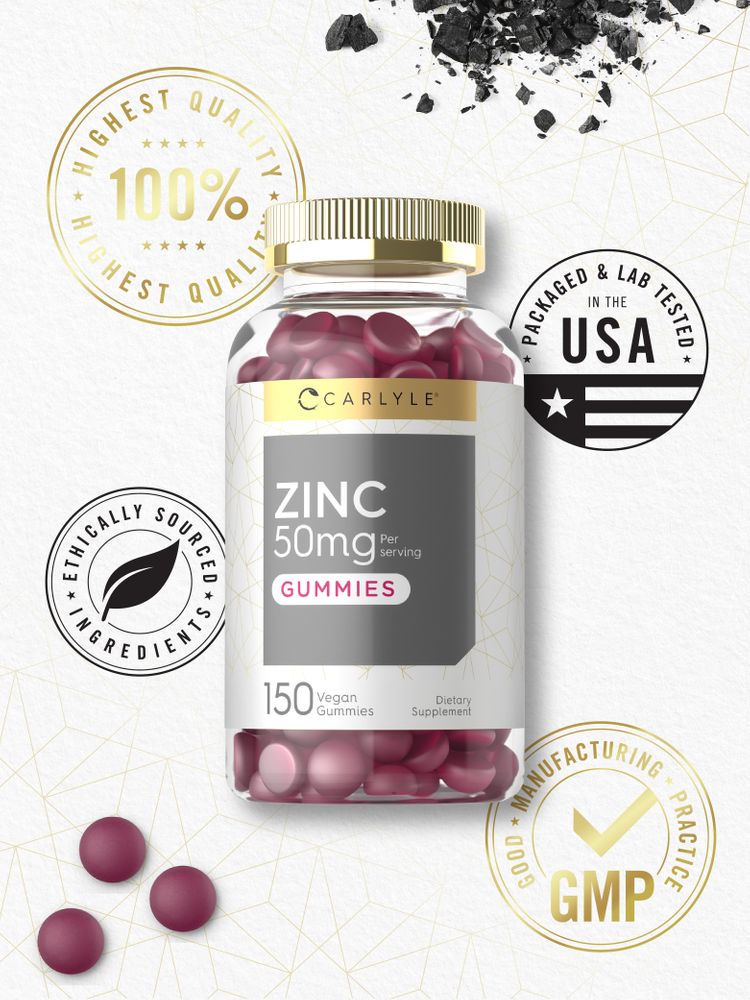 A hand holding a bottle of 150 vegan gummies, each containing 50 mg of zinc. Ideal for those seeking dietary supplements.